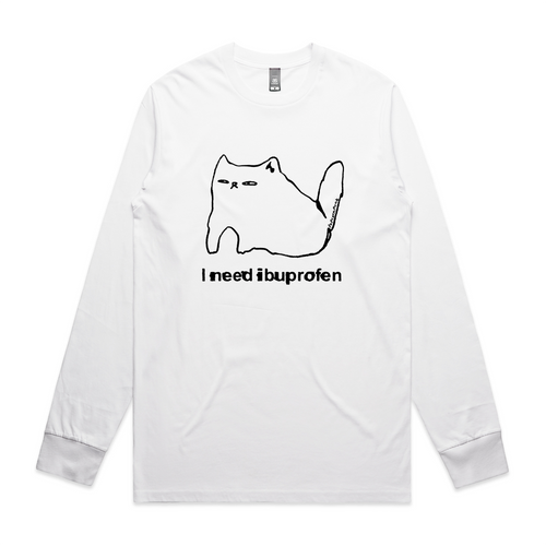 Ibuprofen Cat Tee by Lonely Kids Club. All clothing from our T-shirts to our shorts and hoodies are ethically made, and printed packed and shipped from Sydney.