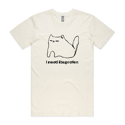 Beige t-shirt with a graphic of a cat holding a pill and text 'I need ibuprofen' on a white background