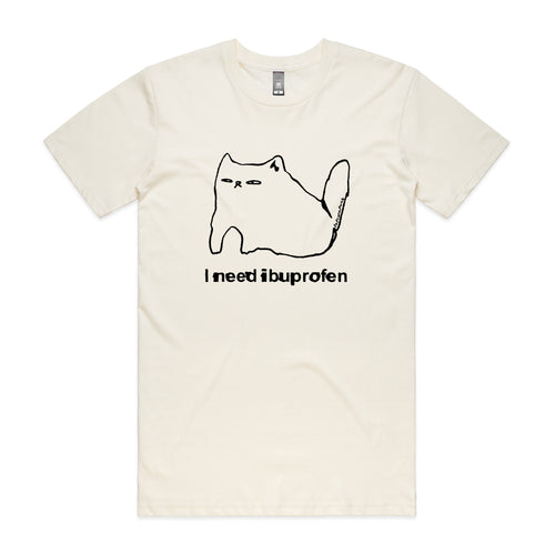 Ibuprofen Cat Tee by Lonely Kids Club. All clothing from our T-shirts to our shorts and hoodies are ethically made, and printed packed and shipped from Sydney.