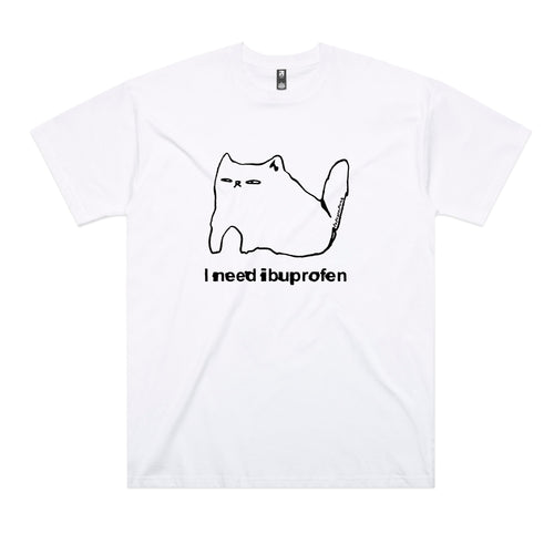 Ibuprofen Cat Tee by Lonely Kids Club. All clothing from our T-shirts to our shorts and hoodies are ethically made, and printed packed and shipped from Sydney.