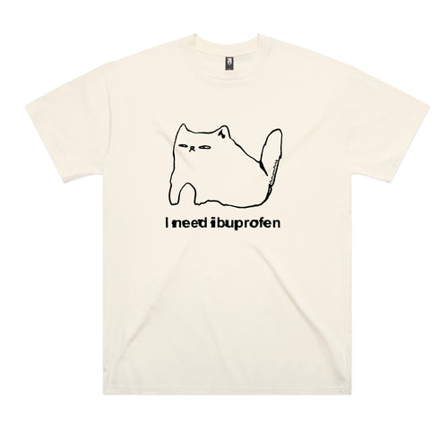 Ibuprofen Cat Tee by Lonely Kids Club. All clothing from our T-shirts to our shorts and hoodies are ethically made, and printed packed and shipped from Sydney.