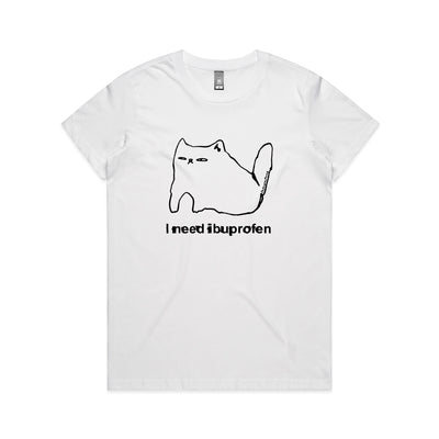 Ibuprofen Cat Tee by Lonely Kids Club. All clothing from our T-shirts to our shorts and hoodies are ethically made, and printed packed and shipped from Sydney.