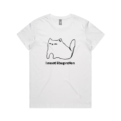 Ibuprofen Cat Tee by Lonely Kids Club. All clothing from our T-shirts to our shorts and hoodies are ethically made, and printed packed and shipped from Sydney.