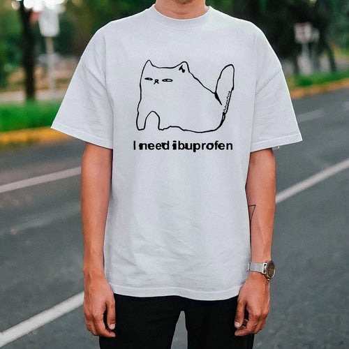 Ibuprofen Cat Tee by Lonely Kids Club. All clothing from our T-shirts to our shorts and hoodies are ethically made, and printed packed and shipped from Sydney.