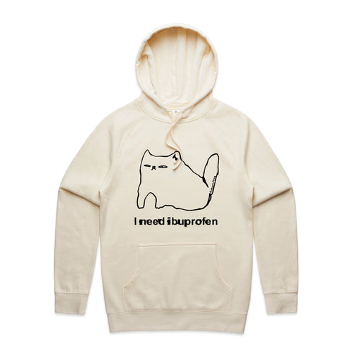 Ibuprofen Cat Hoodie by Lonely Kids Club. All clothing from our T-shirts to our shorts and hoodies are ethically made, and printed packed and shipped from Sydney.