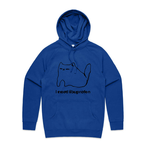 Ibuprofen Cat Hoodie by Lonely Kids Club. All clothing from our T-shirts to our shorts and hoodies are ethically made, and printed packed and shipped from Sydney.
