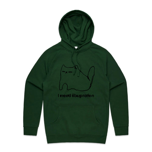 Ibuprofen Cat Hoodie by Lonely Kids Club. All clothing from our T-shirts to our shorts and hoodies are ethically made, and printed packed and shipped from Sydney.