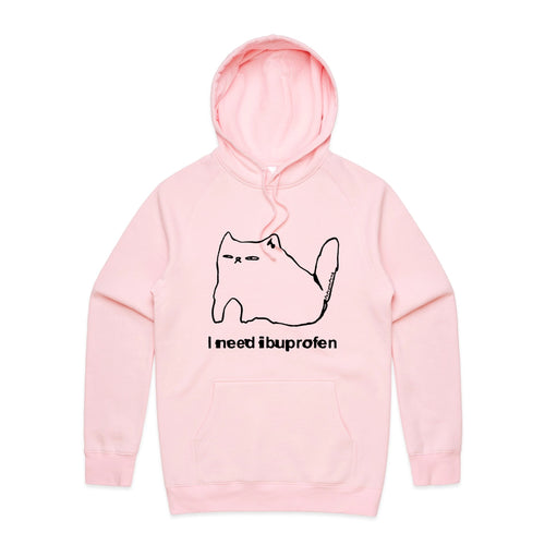 Ibuprofen Cat Hoodie by Lonely Kids Club. All clothing from our T-shirts to our shorts and hoodies are ethically made, and printed packed and shipped from Sydney.
