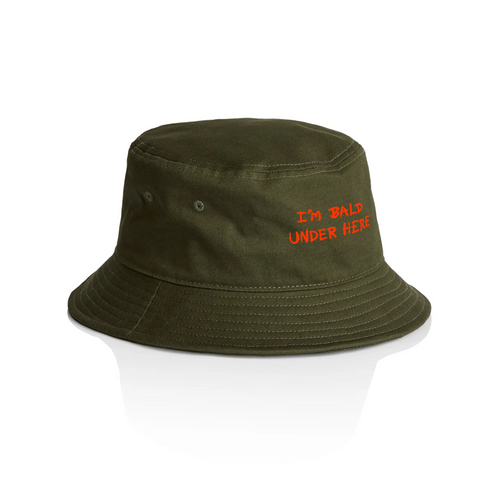 I'm Bald Under Here Bucket Hat by Lonely Kids Club. All clothing from our T-shirts to our shorts and hoodies are ethically made, and printed packed and shipped from Sydney.