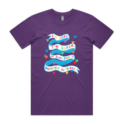 I'm Here I'm Queer Tee by Lonely Kids Club. All clothing from our T-shirts to our shorts and hoodies are ethically made, and printed packed and shipped from Sydney.