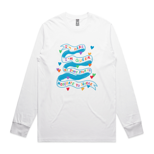 I'm Here I'm Queer Tee by Lonely Kids Club. All clothing from our T-shirts to our shorts and hoodies are ethically made, and printed packed and shipped from Sydney.