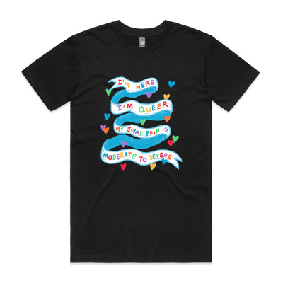 I'm Here I'm Queer Tee by Lonely Kids Club. All clothing from our T-shirts to our shorts and hoodies are ethically made, and printed packed and shipped from Sydney.