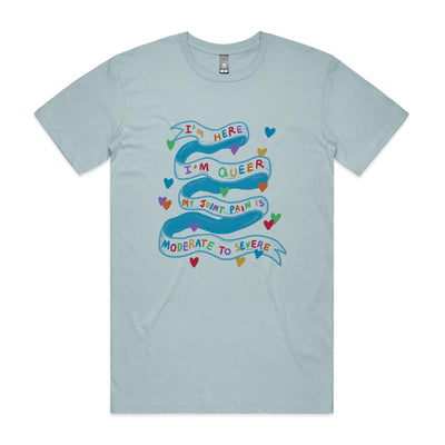 I'm Here I'm Queer Tee by Lonely Kids Club. All clothing from our T-shirts to our shorts and hoodies are ethically made, and printed packed and shipped from Sydney.