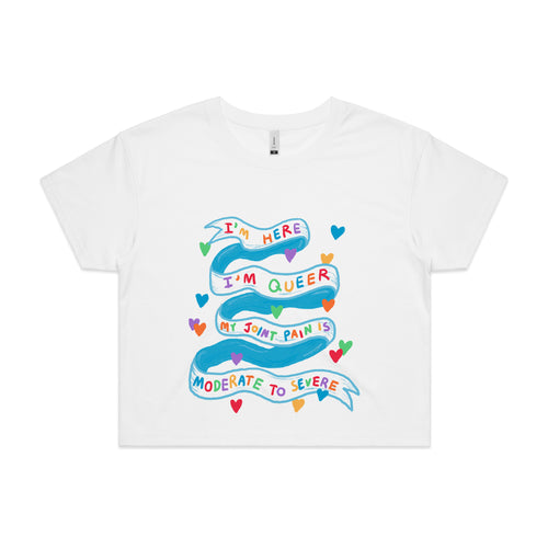 I'm Here I'm Queer Tee by Lonely Kids Club. All clothing from our T-shirts to our shorts and hoodies are ethically made, and printed packed and shipped from Sydney.