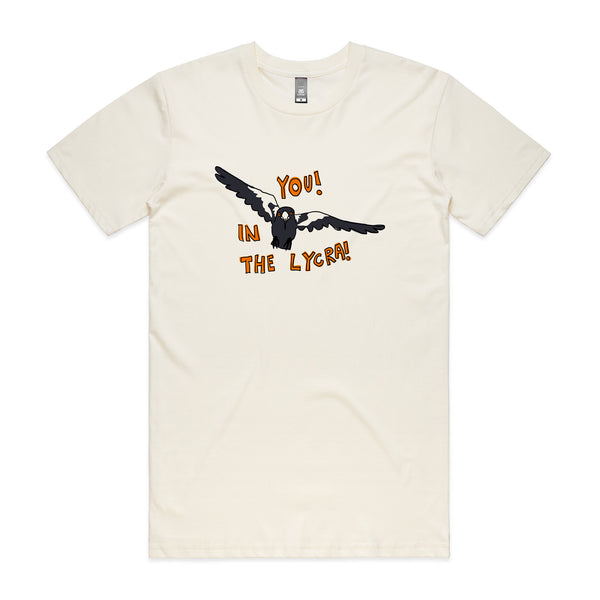 In The Lycra Tee, magpie swooping cyclist t shirt by Lonely Kids Club, printed in Sydney