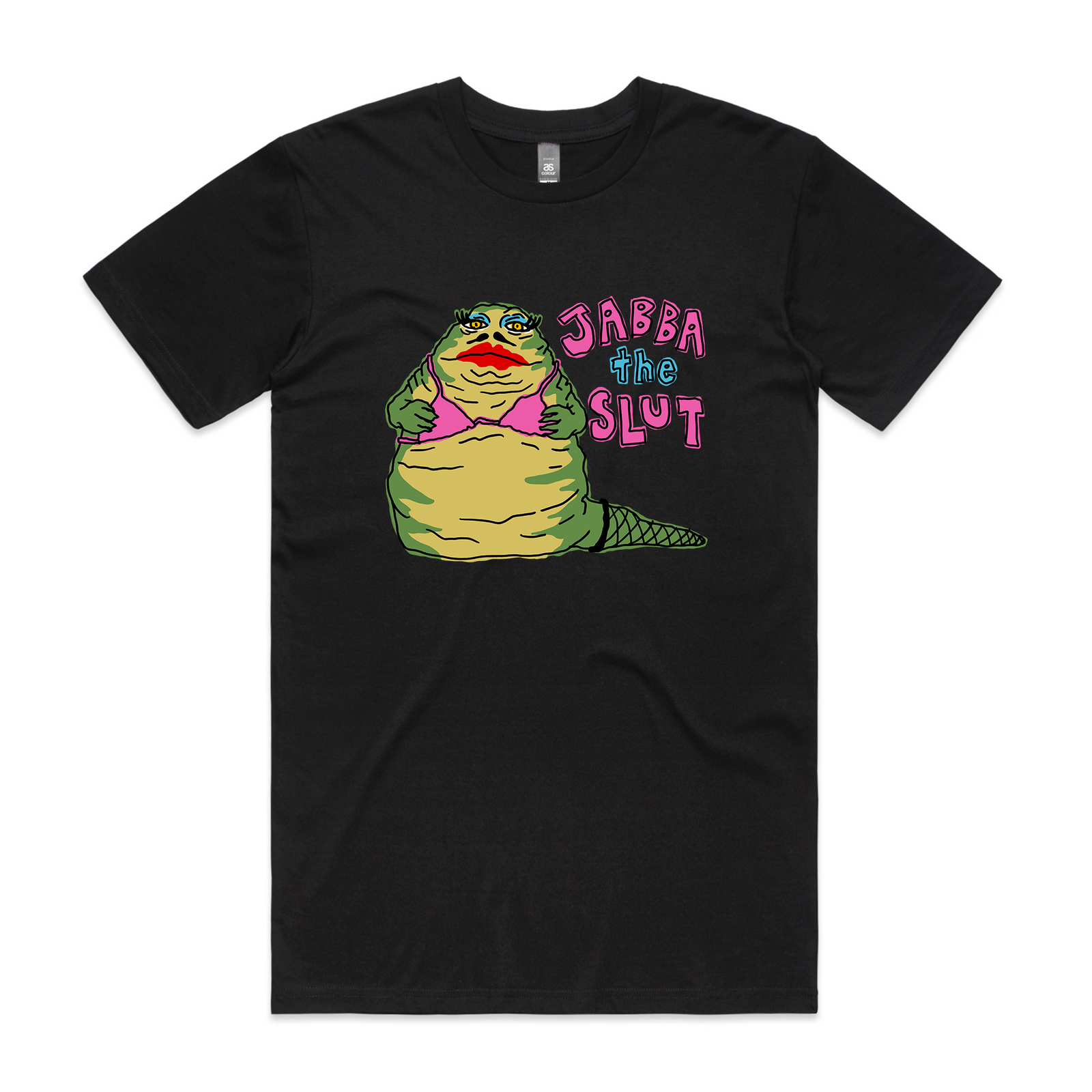 Flat lay photo of a black T-shirt on a white background featuring colourful Jabba The Slut printed design.