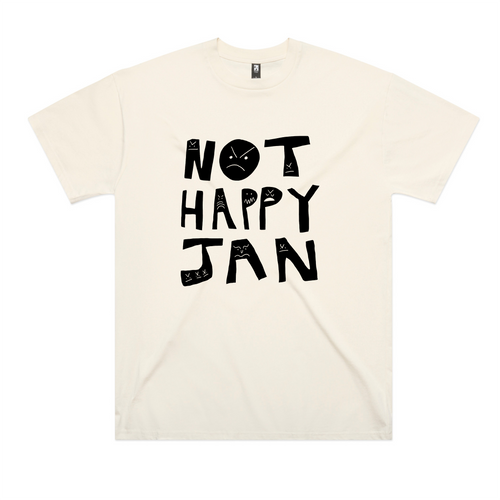 Not Happy Jan Oversized Tee by Lonely Kids Club. All clothing from our T-shirts to our shorts and hoodies are ethically made, and printed packed and shipped from Sydney.