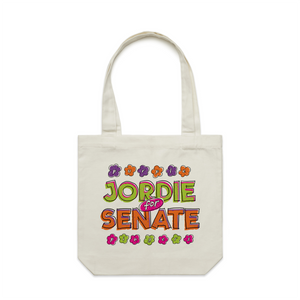 Jordie For Senate Tote by Lonely Kids Club. All clothing from our T-shirts to our shorts and hoodies are ethically made, and printed packed and shipped from Sydney.