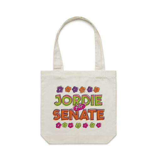 Jordie For Senate Tote by Lonely Kids Club. All clothing from our T-shirts to our shorts and hoodies are ethically made, and printed packed and shipped from Sydney.