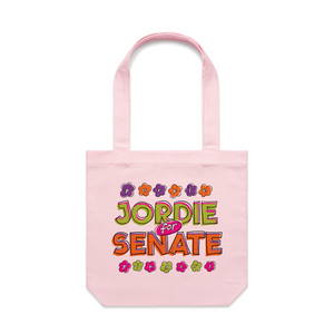 Jordie For Senate Tote by Lonely Kids Club. All clothing from our T-shirts to our shorts and hoodies are ethically made, and printed packed and shipped from Sydney.