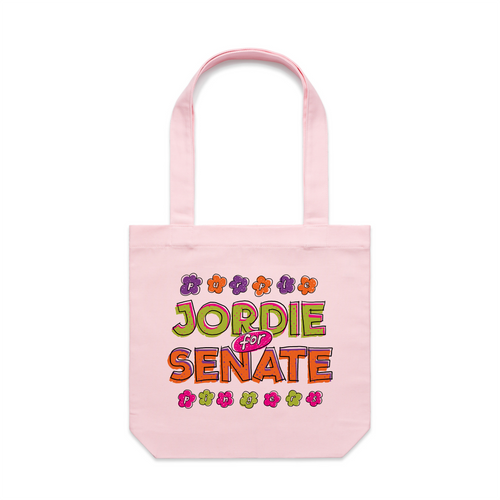 Jordie For Senate Tote by Lonely Kids Club. All clothing from our T-shirts to our shorts and hoodies are ethically made, and printed packed and shipped from Sydney.