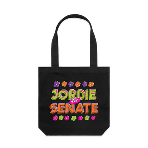 Jordie For Senate Tote by Lonely Kids Club. All clothing from our T-shirts to our shorts and hoodies are ethically made, and printed packed and shipped from Sydney.