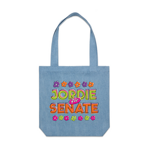 Jordie For Senate Tote by Lonely Kids Club. All clothing from our T-shirts to our shorts and hoodies are ethically made, and printed packed and shipped from Sydney.