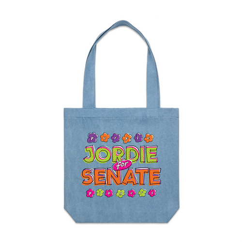 Jordie For Senate Tote by Lonely Kids Club. All clothing from our T-shirts to our shorts and hoodies are ethically made, and printed packed and shipped from Sydney.