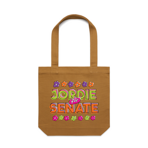 Jordie For Senate Tote by Lonely Kids Club. All clothing from our T-shirts to our shorts and hoodies are ethically made, and printed packed and shipped from Sydney.
