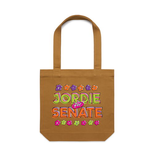 Jordie For Senate Tote by Lonely Kids Club. All clothing from our T-shirts to our shorts and hoodies are ethically made, and printed packed and shipped from Sydney.