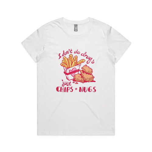 Just Chips & Nugs Tee by Lonely Kids Club. All clothing from our T-shirts to our shorts and hoodies are ethically made, and printed packed and shipped from Sydney.
