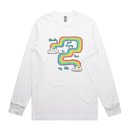 Just Trying To Live Tee by Lonely Kids Club. All clothing from our T-shirts to our shorts and hoodies are ethically made, and printed packed and shipped from Sydney.