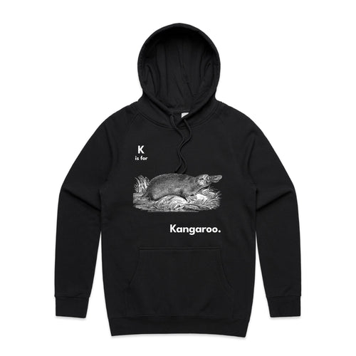 K Is For Kangaroo Hoodie by Lonely Kids Club. All clothing from our T-shirts to our shorts and hoodies are ethically made, and printed packed and shipped from Sydney.