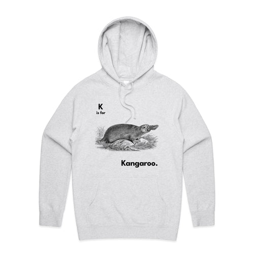 K Is For Kangaroo Hoodie by Lonely Kids Club. All clothing from our T-shirts to our shorts and hoodies are ethically made, and printed packed and shipped from Sydney.