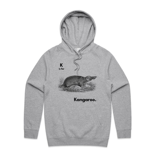 K Is For Kangaroo Hoodie by Lonely Kids Club. All clothing from our T-shirts to our shorts and hoodies are ethically made, and printed packed and shipped from Sydney.