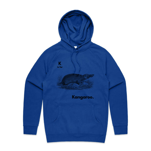 K Is For Kangaroo Hoodie by Lonely Kids Club. All clothing from our T-shirts to our shorts and hoodies are ethically made, and printed packed and shipped from Sydney.