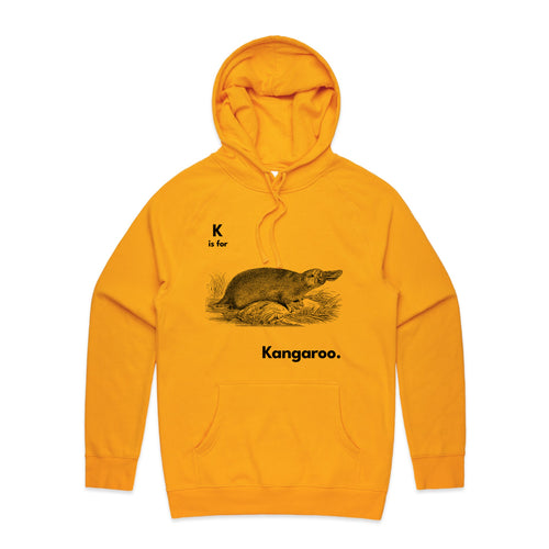 K Is For Kangaroo Hoodie by Lonely Kids Club. All clothing from our T-shirts to our shorts and hoodies are ethically made, and printed packed and shipped from Sydney.