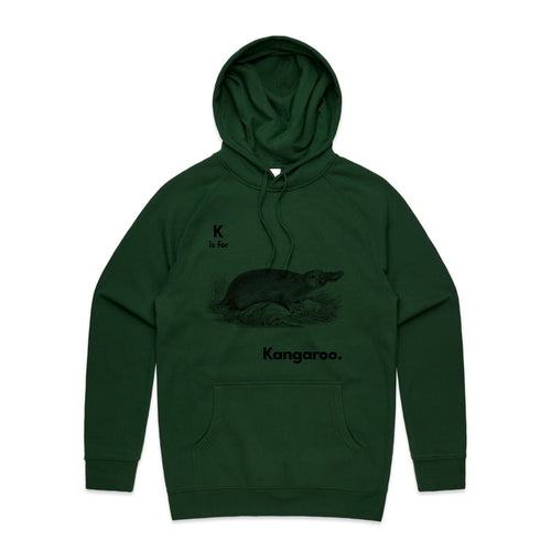 K Is For Kangaroo Hoodie by Lonely Kids Club. All clothing from our T-shirts to our shorts and hoodies are ethically made, and printed packed and shipped from Sydney.