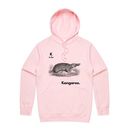 K Is For Kangaroo Hoodie by Lonely Kids Club. All clothing from our T-shirts to our shorts and hoodies are ethically made, and printed packed and shipped from Sydney.