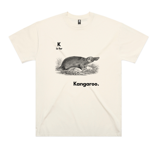 K Is For Kangaroo Tee by Lonely Kids Club. All clothing from our T-shirts to our shorts and hoodies are ethically made, and printed packed and shipped from Sydney.