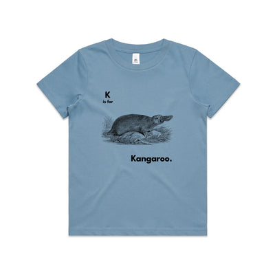 K Is For Kangaroo Kids Tee by Lonely Kids Club. All clothing from our T-shirts to our shorts and hoodies are ethically made, and printed packed and shipped from Sydney.