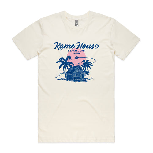 Kame House Beach Club Tee by Lonely Kids Club. All clothing from our T-shirts to our shorts and hoodies are ethically made, and printed packed and shipped from Sydney.