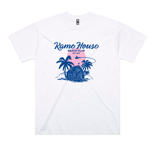 Kame House Beach Club Tee by Lonely Kids Club. All clothing from our T-shirts to our shorts and hoodies are ethically made, and printed packed and shipped from Sydney.