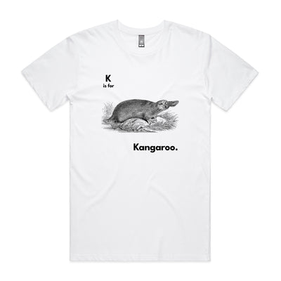K Is For Kangaroo Tee by Lonely Kids Club. All clothing from our T-shirts to our shorts and hoodies are ethically made, and printed packed and shipped from Sydney.