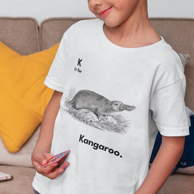 K Is For Kangaroo Kids Tee by Lonely Kids Club. All clothing from our T-shirts to our shorts and hoodies are ethically made, and printed packed and shipped from Sydney.