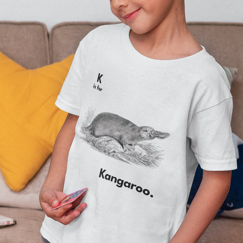 K Is For Kangaroo Kids Tee by Lonely Kids Club. All clothing from our T-shirts to our shorts and hoodies are ethically made, and printed packed and shipped from Sydney.