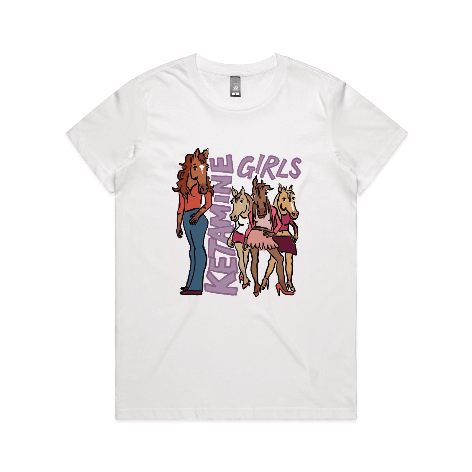 White fitted womens t-shirt with Ketamine Girls graphic by Lonely Kids Club