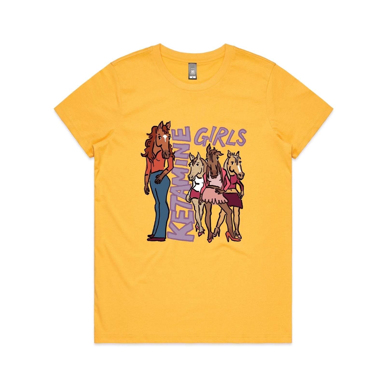 Yellow fitted womens t-shirt with Ketamine Girls graphic by Lonely Kids Club