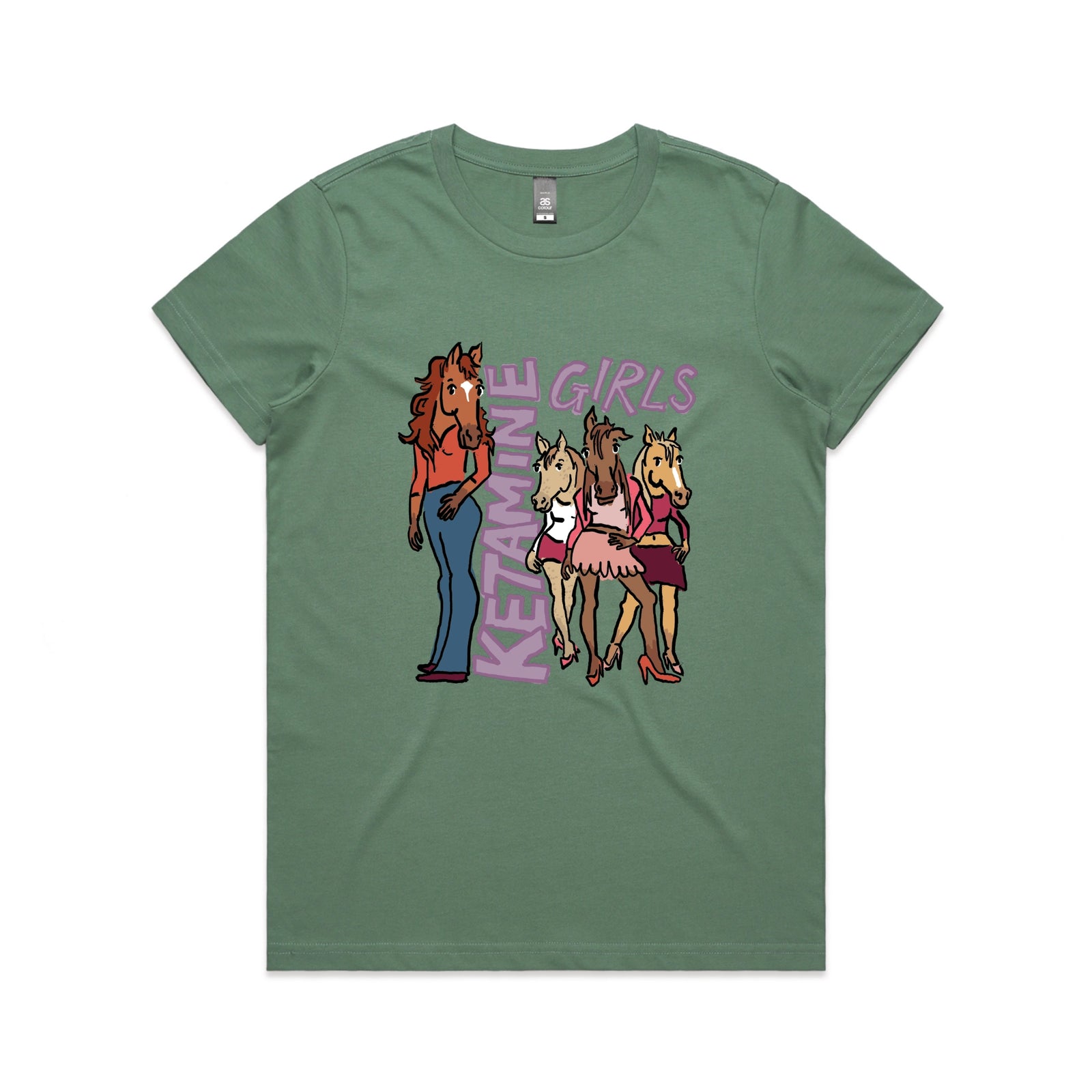 Sage fitted womens t-shirt with Ketamine Girls graphic by Lonely Kids Club