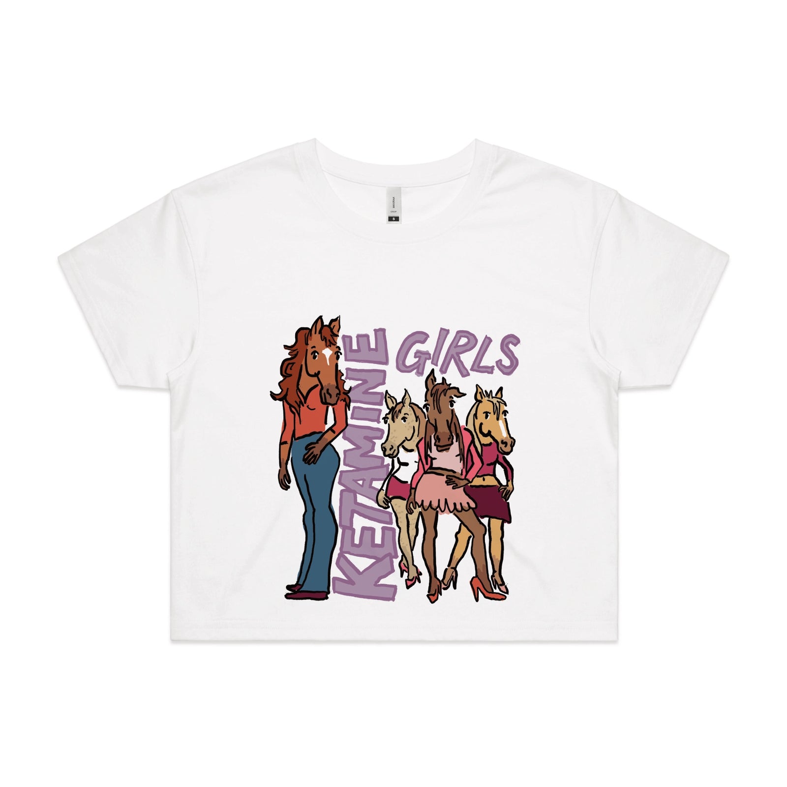 White crop top with Ketamine Girls graphic by Lonely Kids Club
